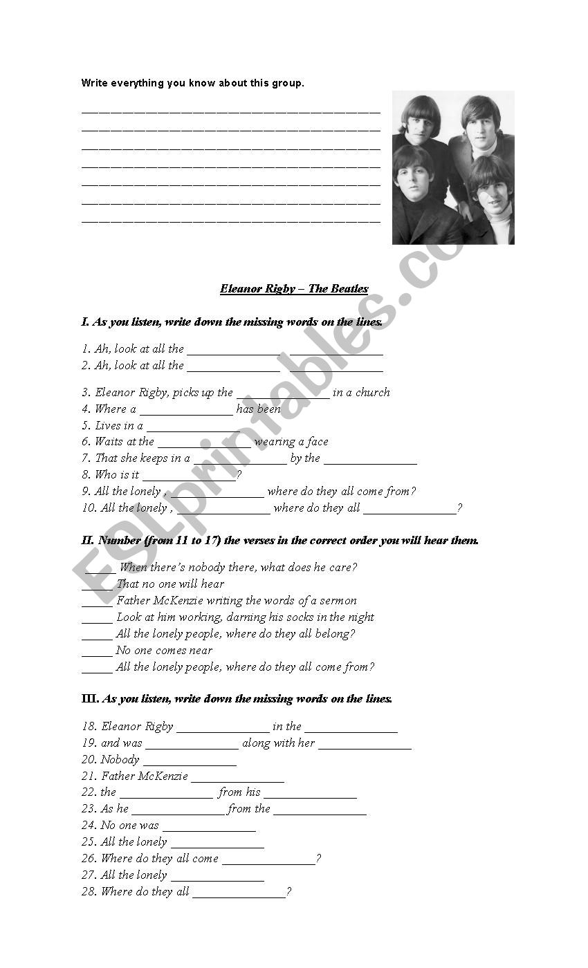 The Beatles - Eleanor Rigby worksheet