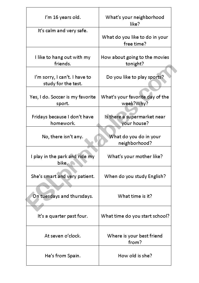 Basic language domino worksheet