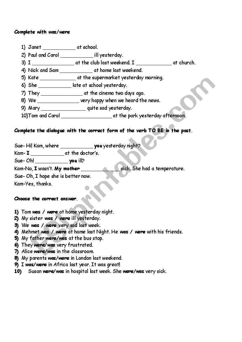 Was/Were affirmative form worksheet
