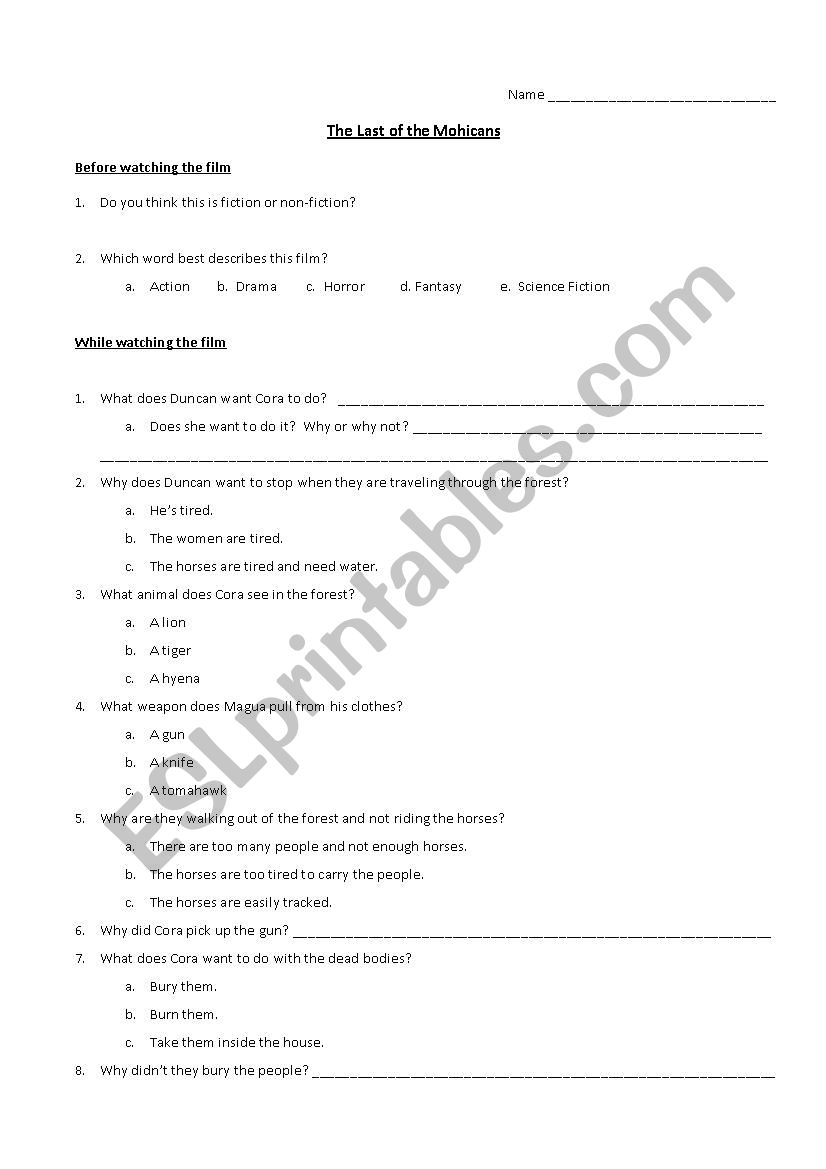 Last of the Mohicans - Film Worksheet