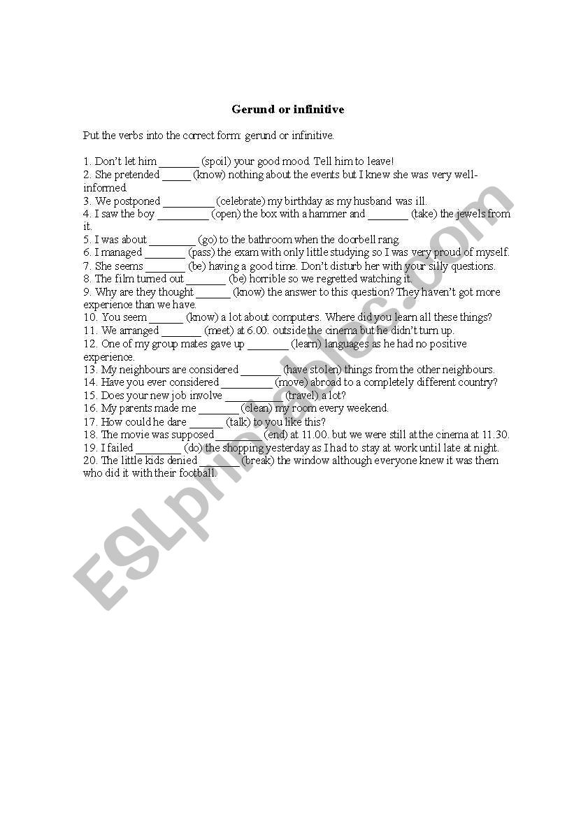 Gerund or infinitive worksheet