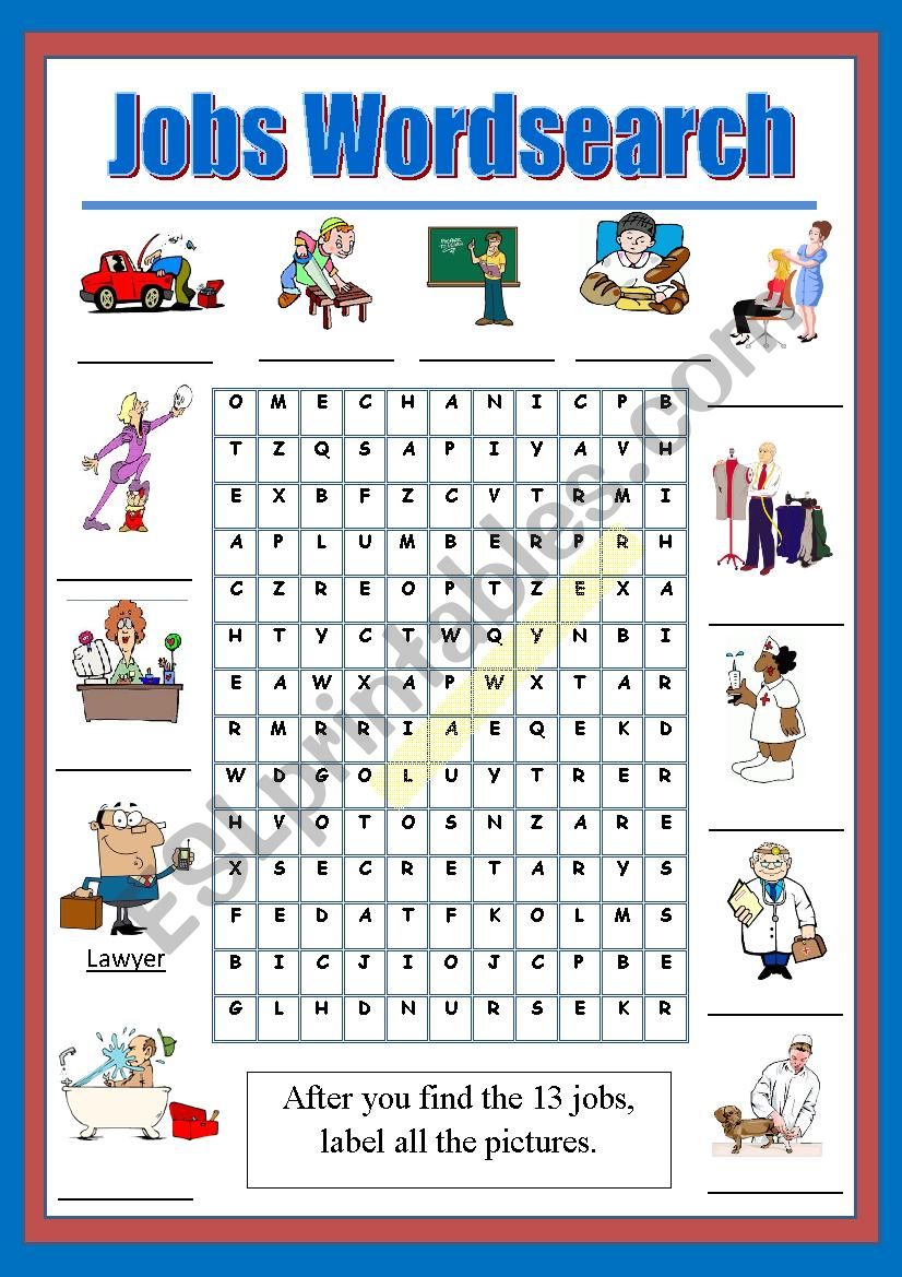 Jobs Wordsearch worksheet