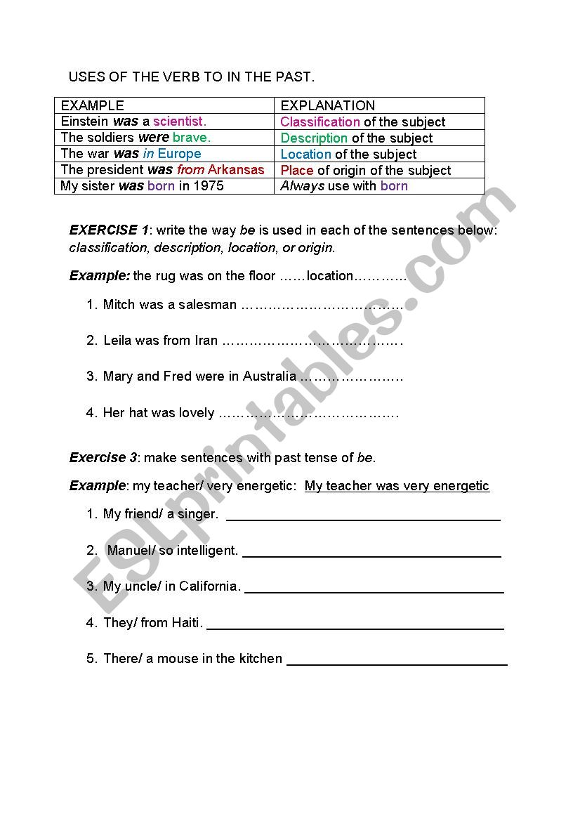 uses of to be in the past worksheet