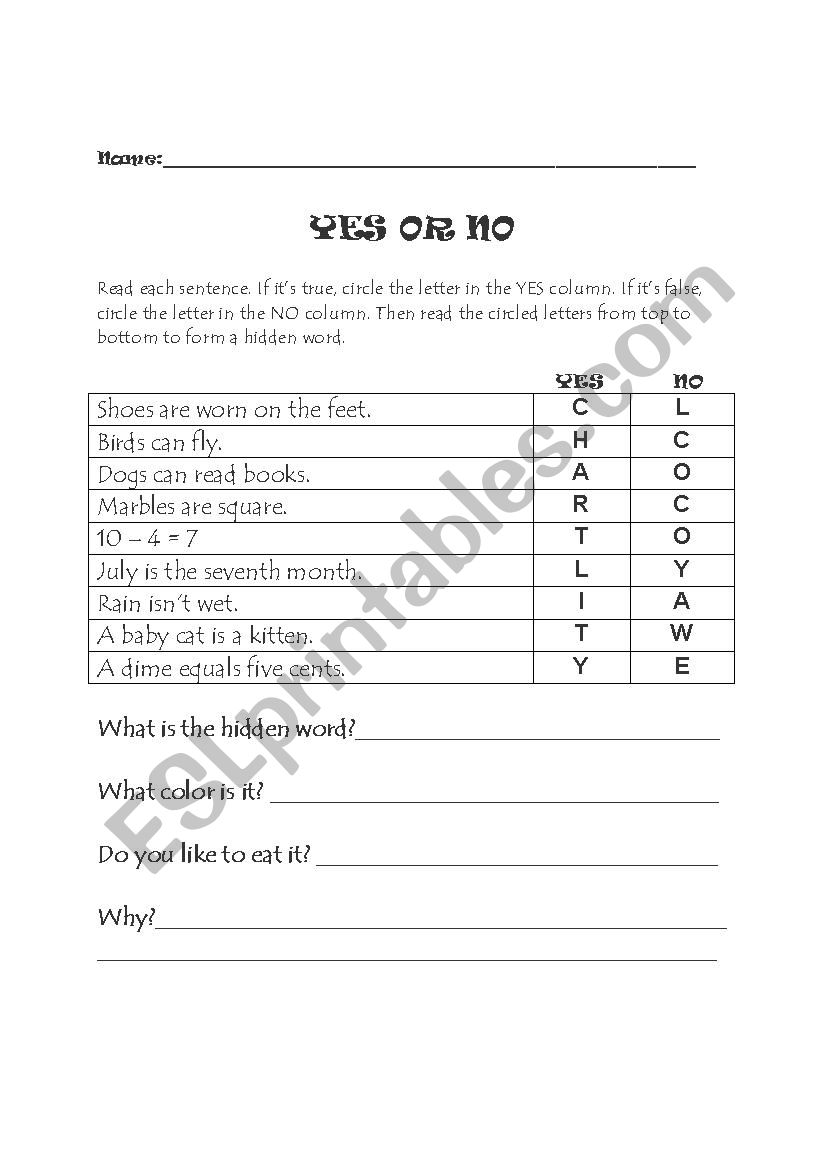 Yes or No worksheet