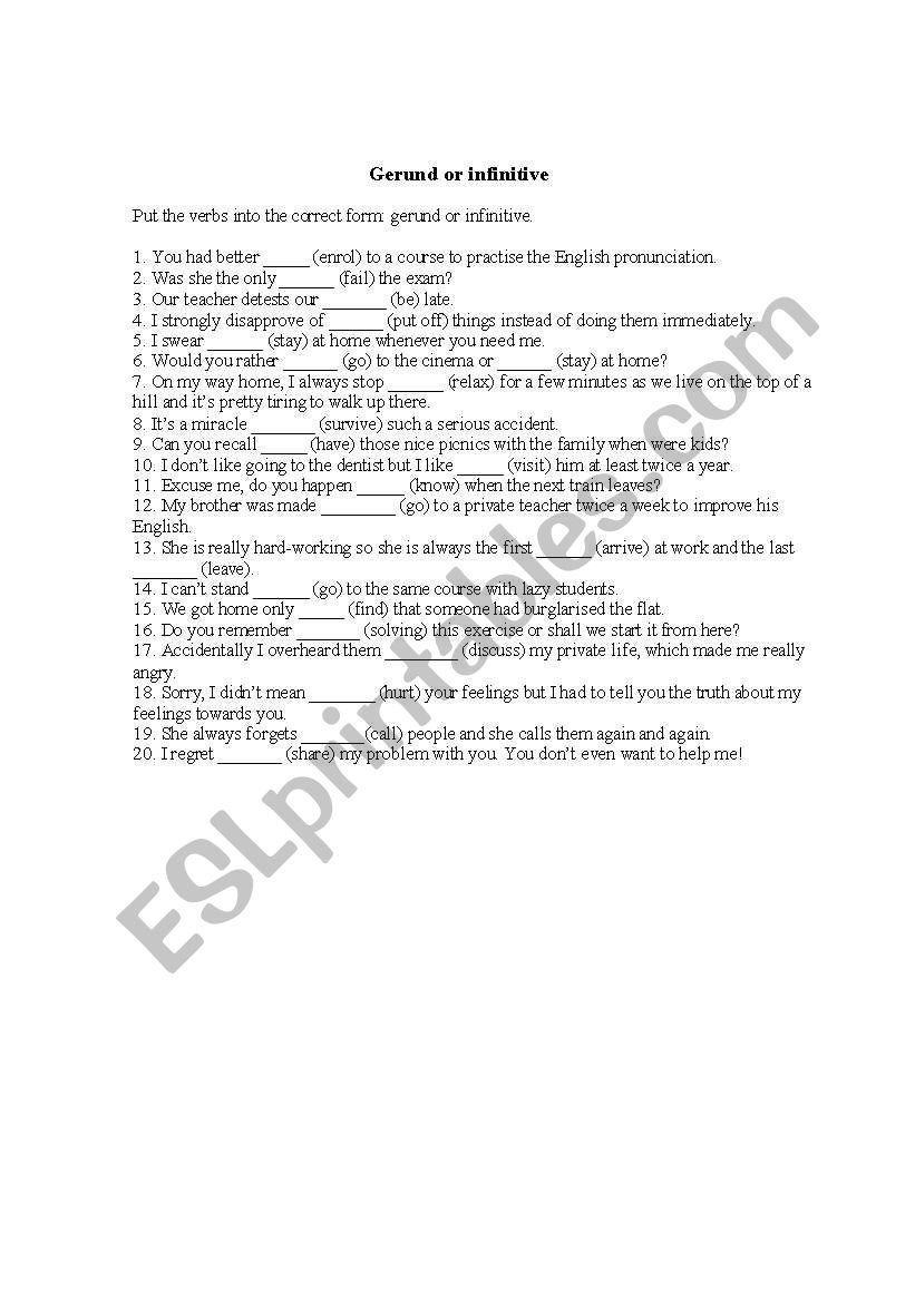 Gerund or infinitive worksheet