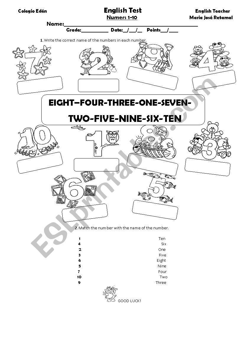 numbers test worksheet