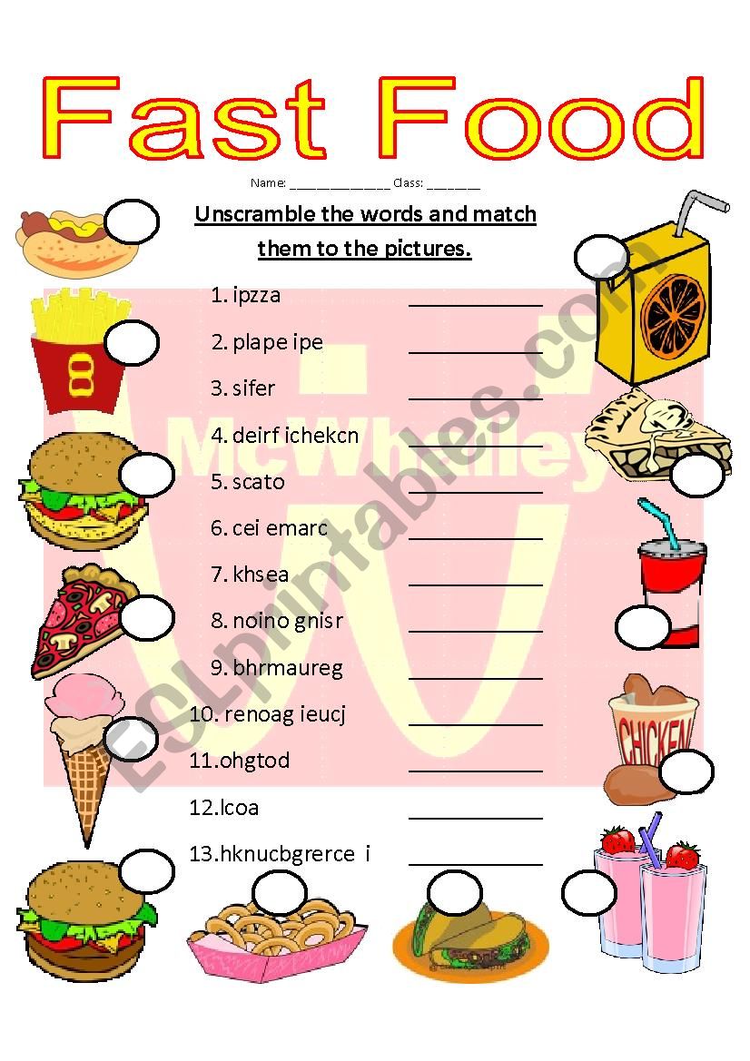 Fast Food worksheet