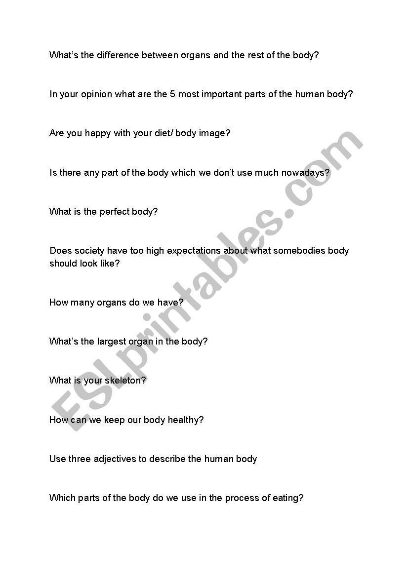 human body discussion worksheet