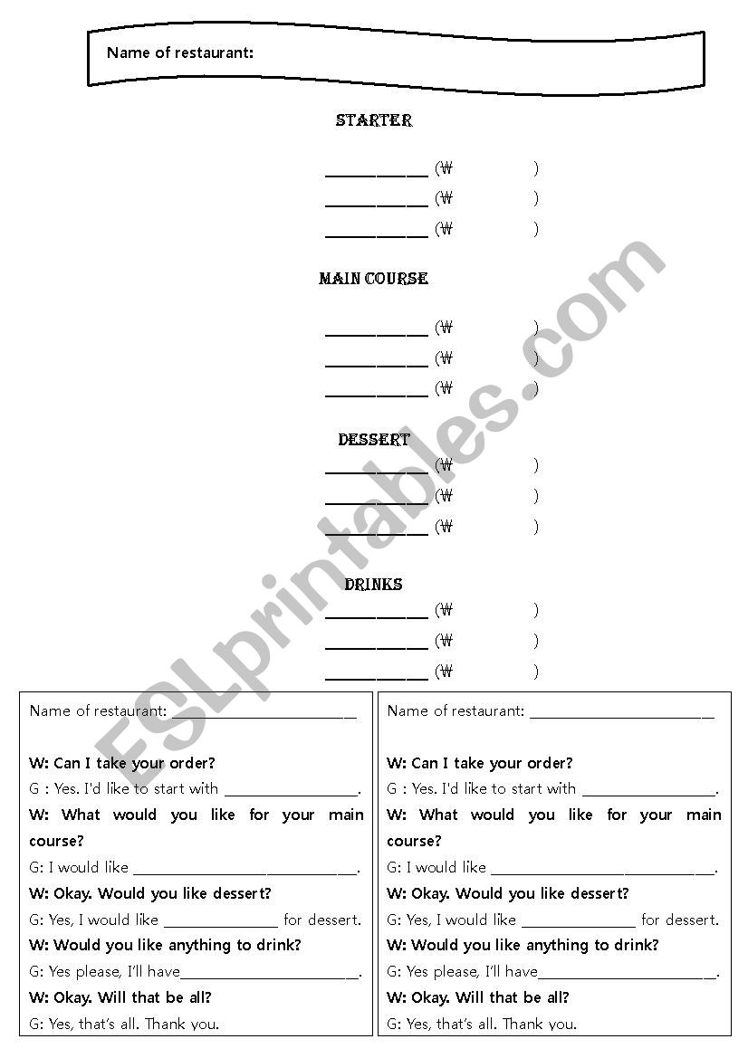 Restaurant Worksheet worksheet