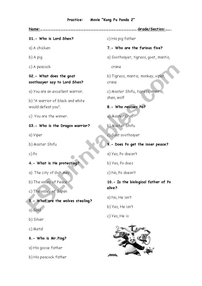 Worksheet Kung fu Panda 2 worksheet