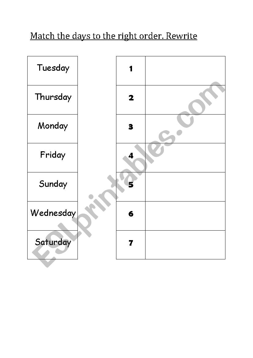 days of the week worksheet