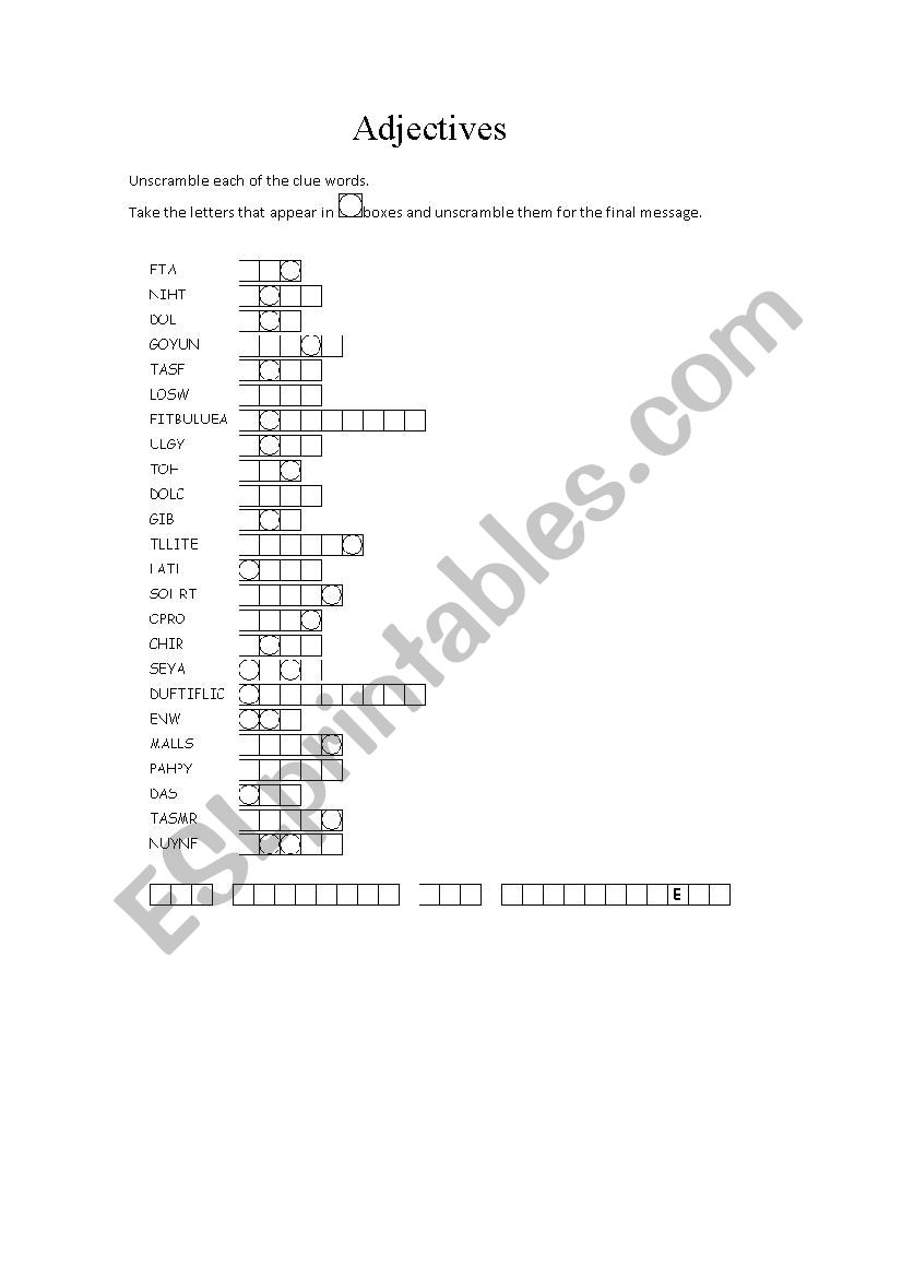 Adjective Vocabulary worksheet