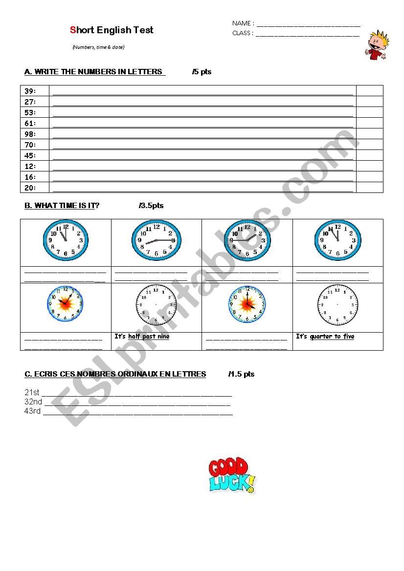 short test on numbers & time worksheet