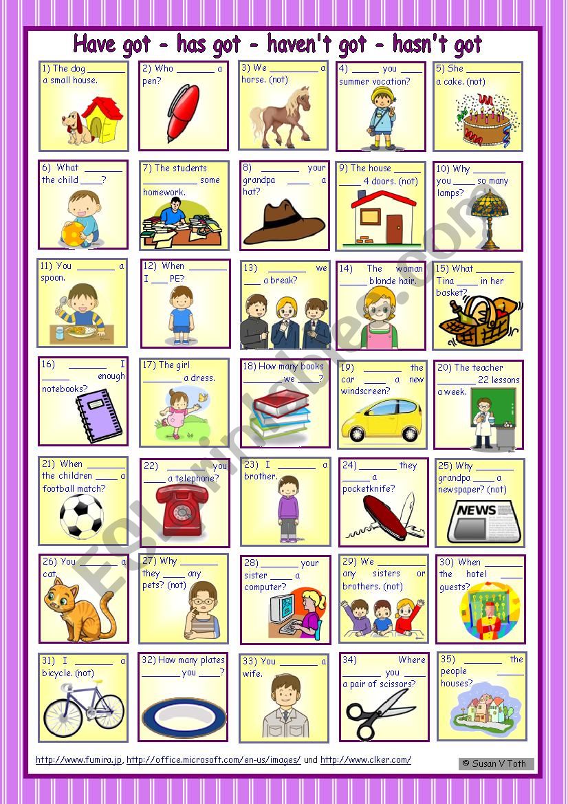 Have got_fill in* with 35 pictures and sentences * with key * elementary