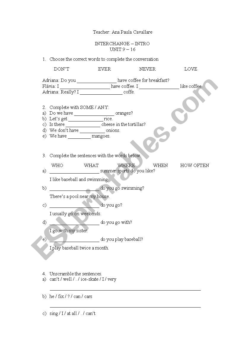 Interchange Intro test (9-16) worksheet