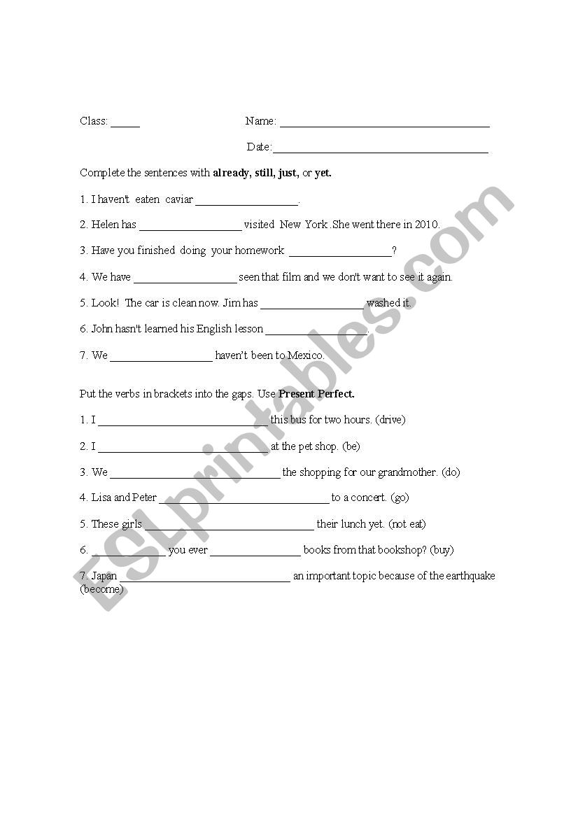 Present Perfect worksheet