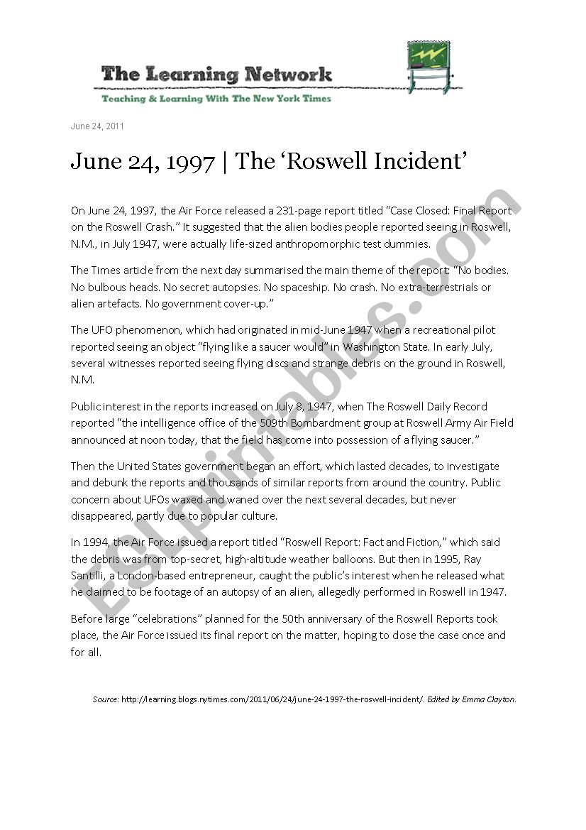 Roswell UFO Reading, Vocabulary & Speaking