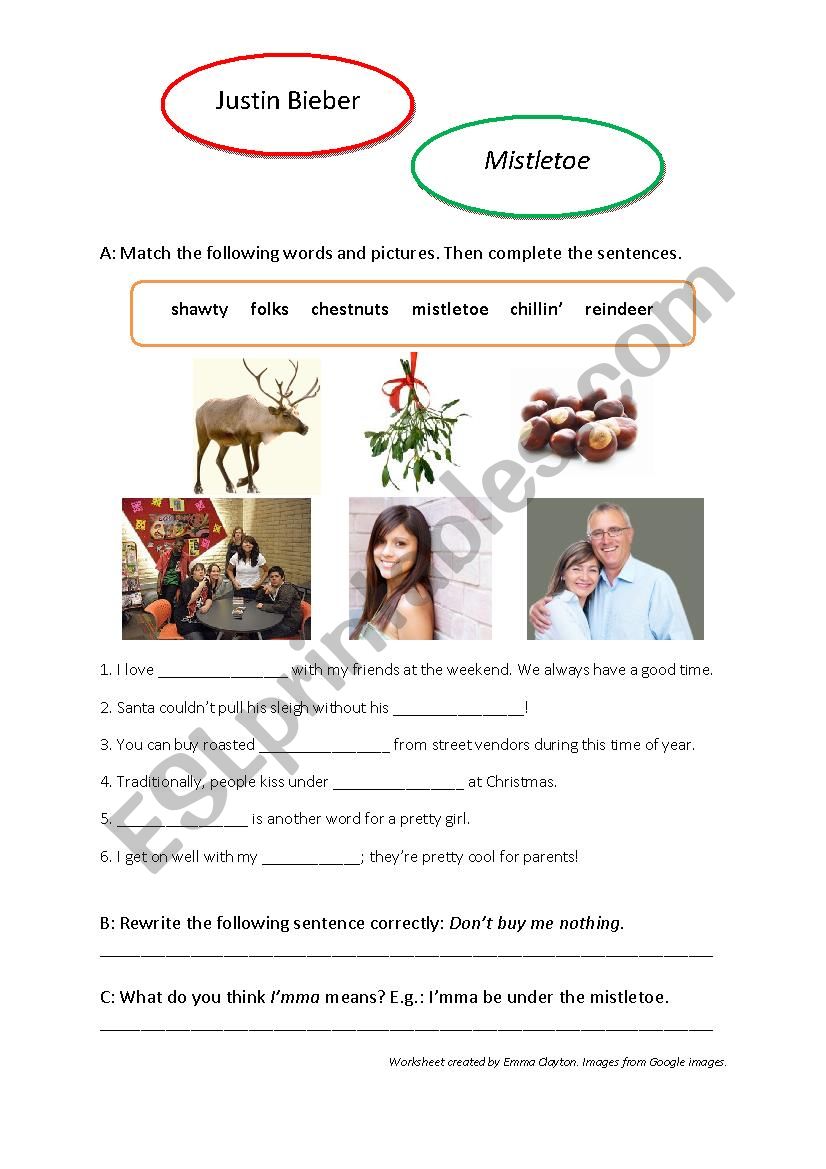 Song Worksheet: Mistletoe by Justin Bieber