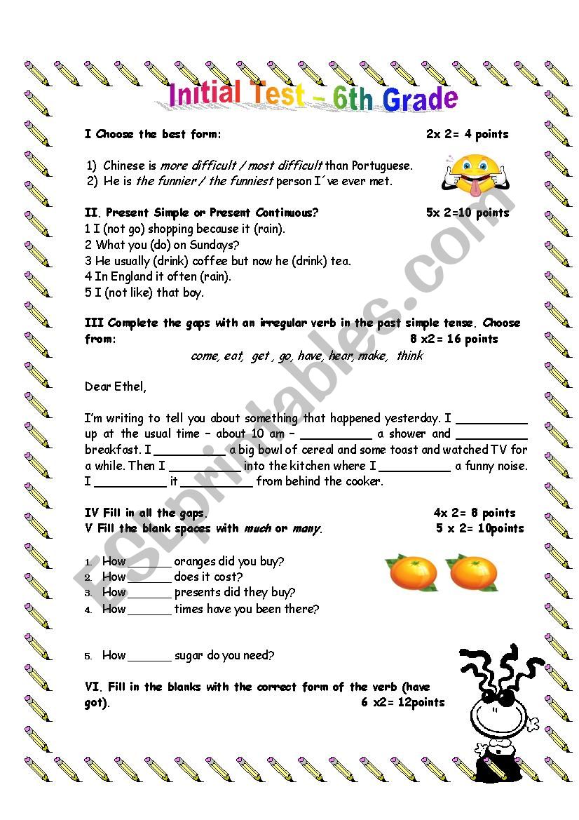Initial Test -6th Grade worksheet