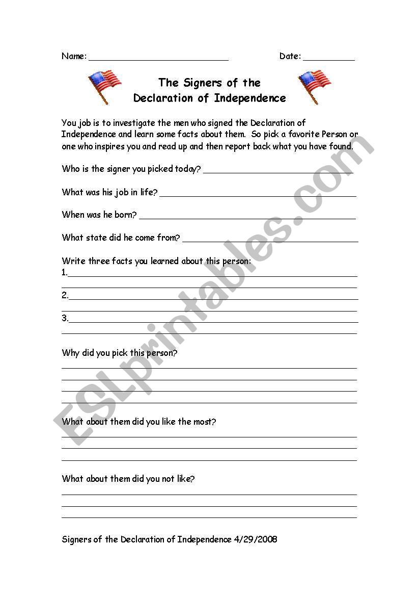English worksheets: Signers of the Declaration of Independence With Regard To Declaration Of Independence Worksheet