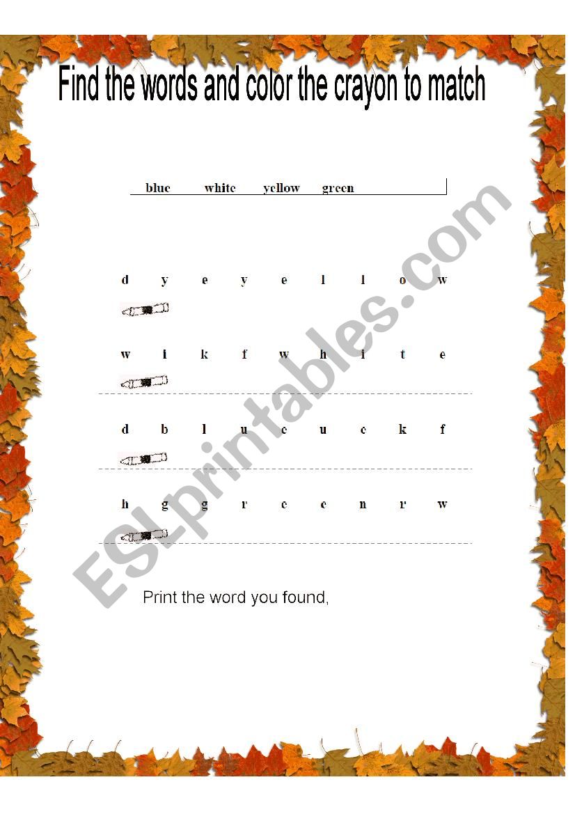 WordSearch  Simple Colors worksheet