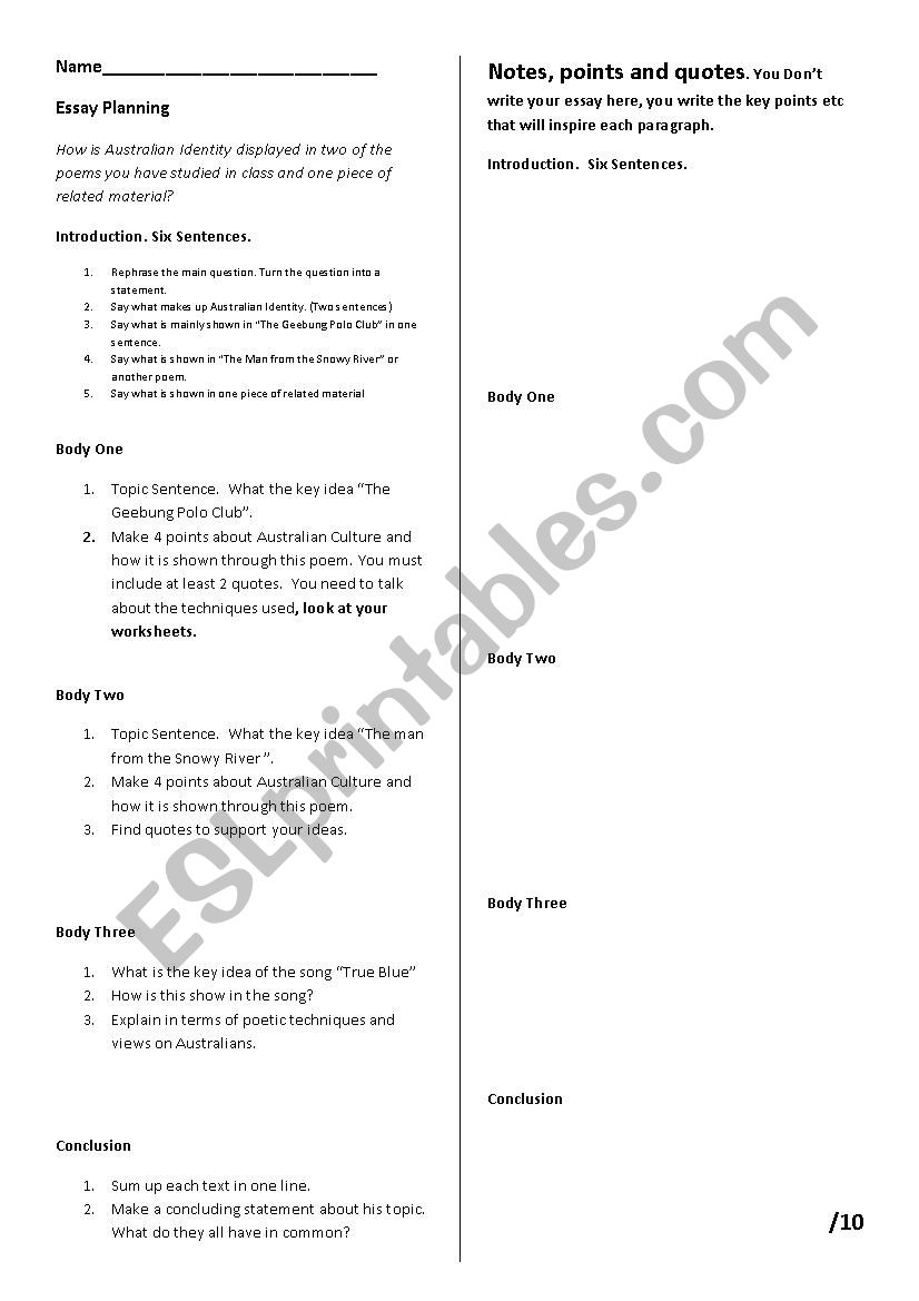 Essay Plan Australian Poetry worksheet