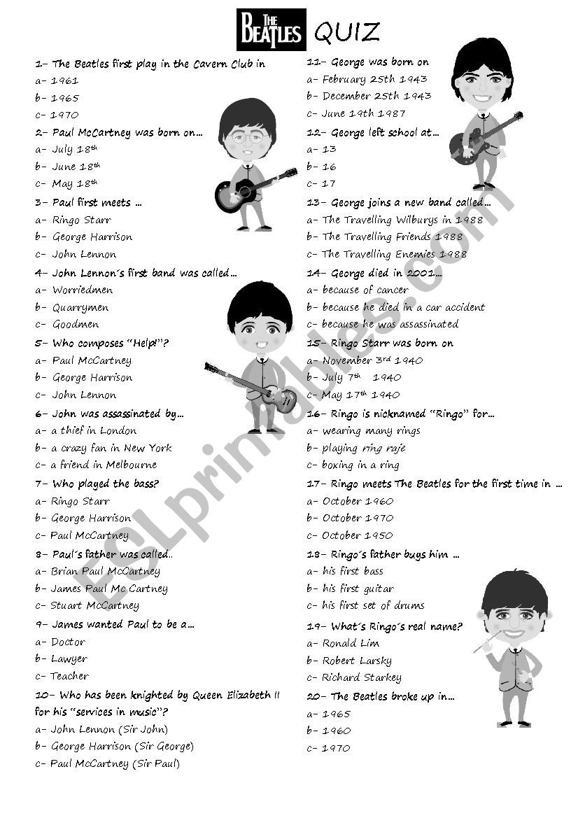 The Beatles Quiz Esl Worksheet By Clau87