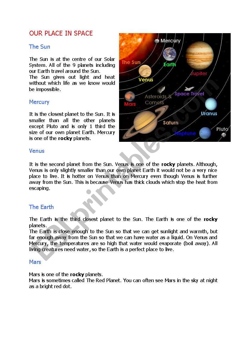 Our place in space worksheet