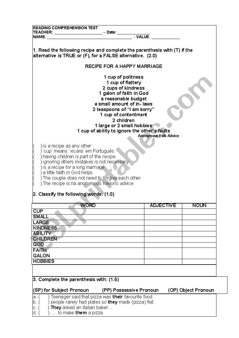 READING COMPREHENSION worksheet