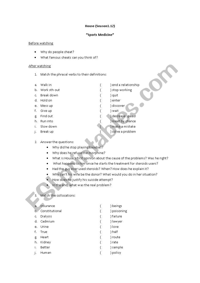 House - Sports Medicine worksheet