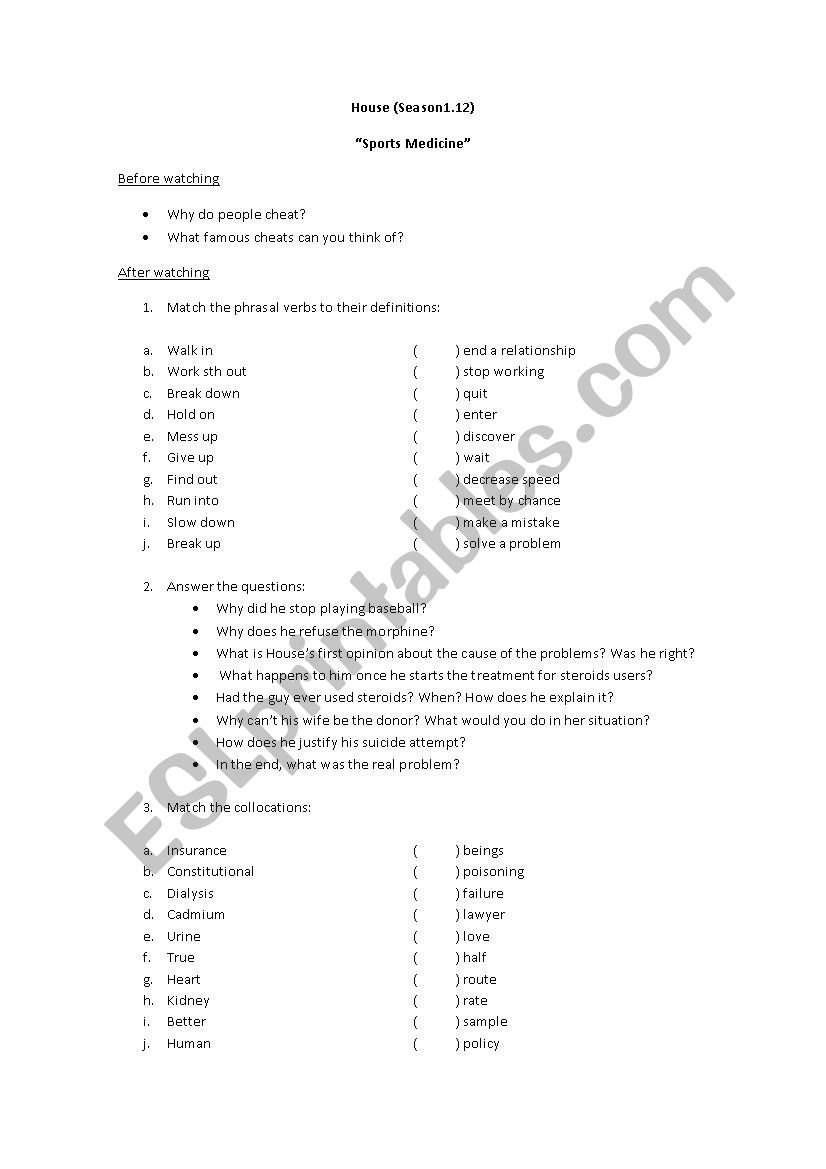 House - Sports Medicine worksheet