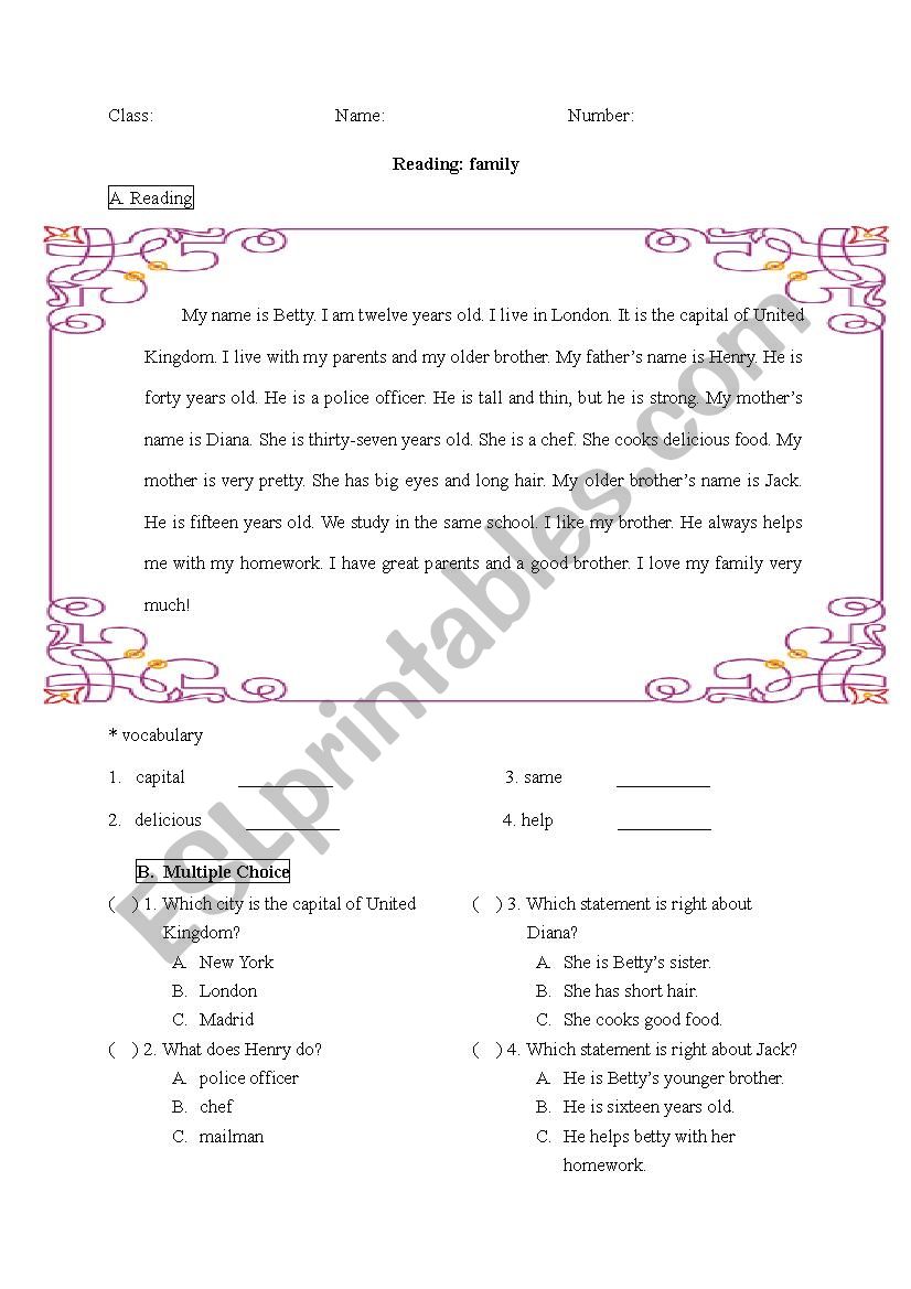 reading -- family worksheet