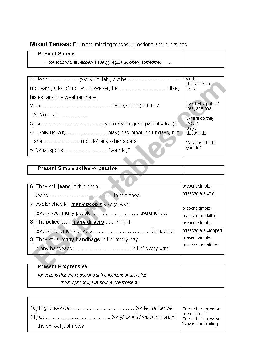 mixed tenses + solutions worksheet