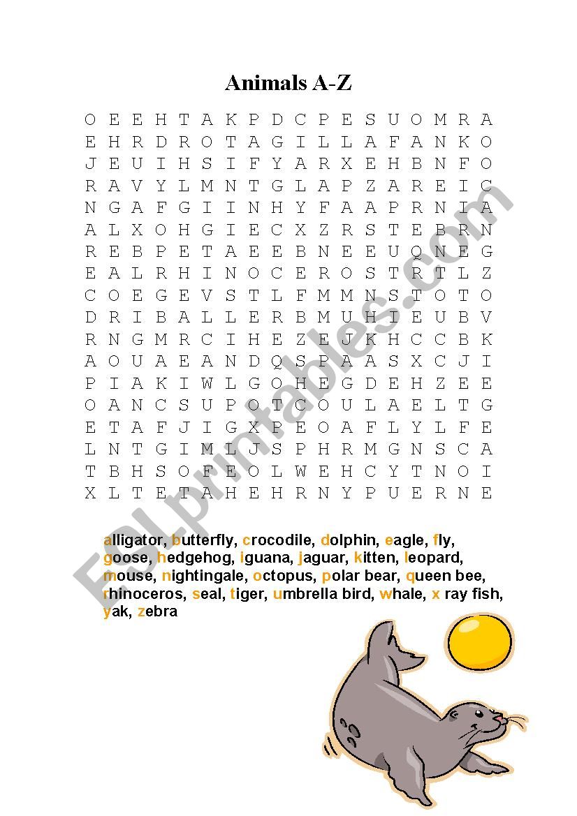 Animals A-Z wordsearch worksheet