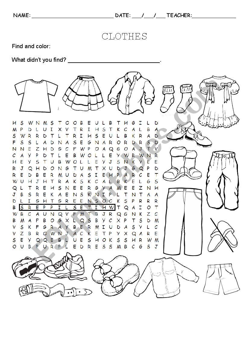 clothes word search worksheet