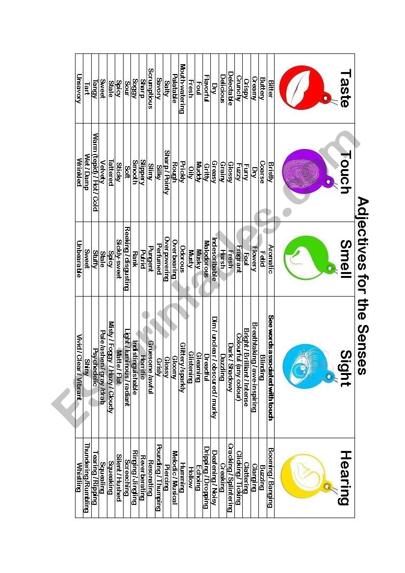 Adjectives List for Senses worksheet