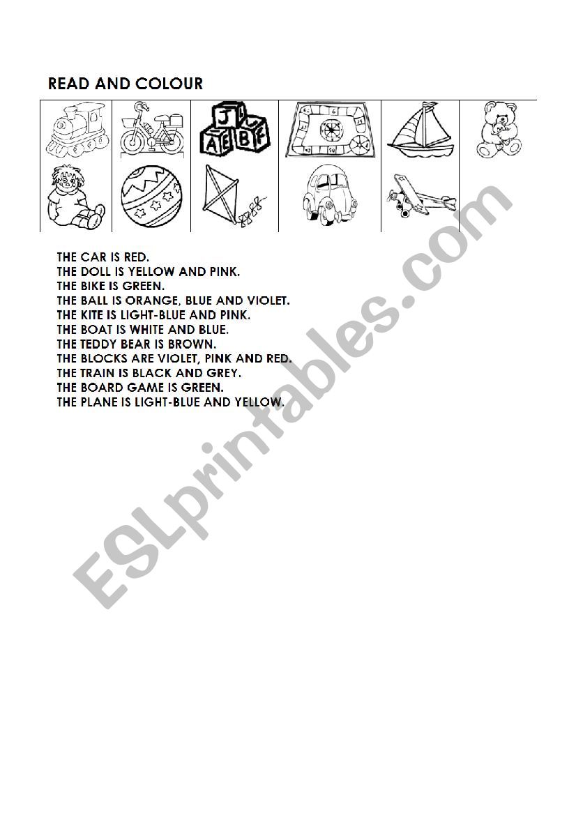 Toys Read and Colour worksheet