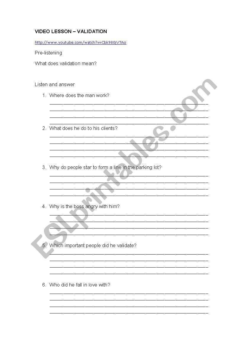 Video lesson - validation worksheet