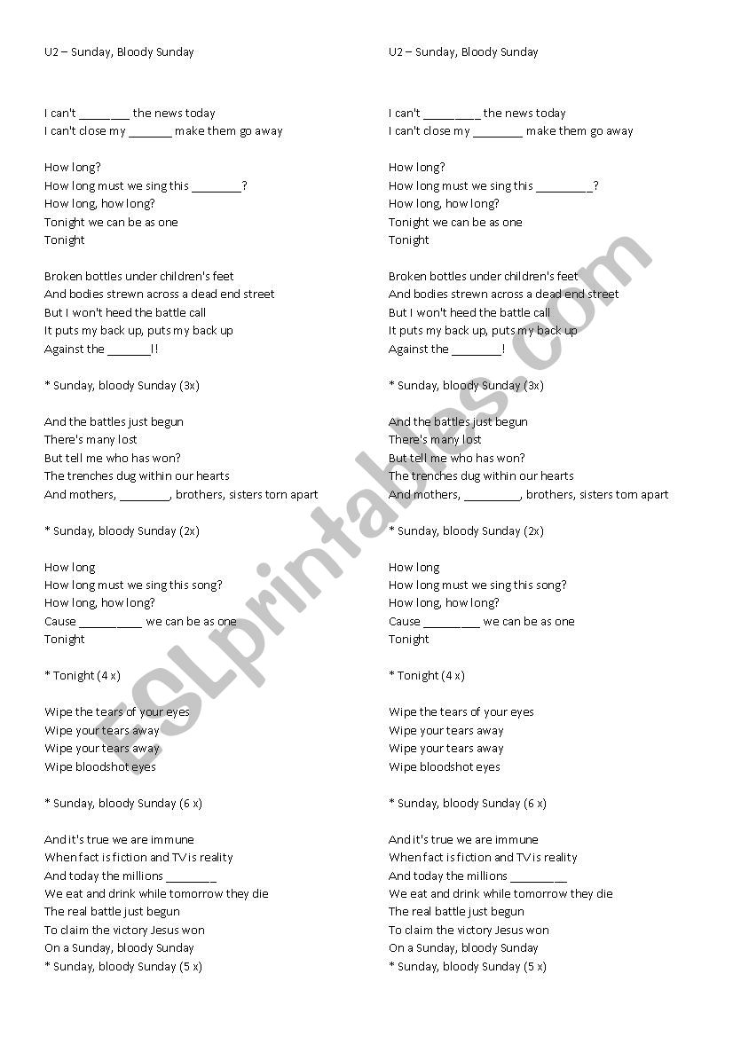 Song - U2 worksheet
