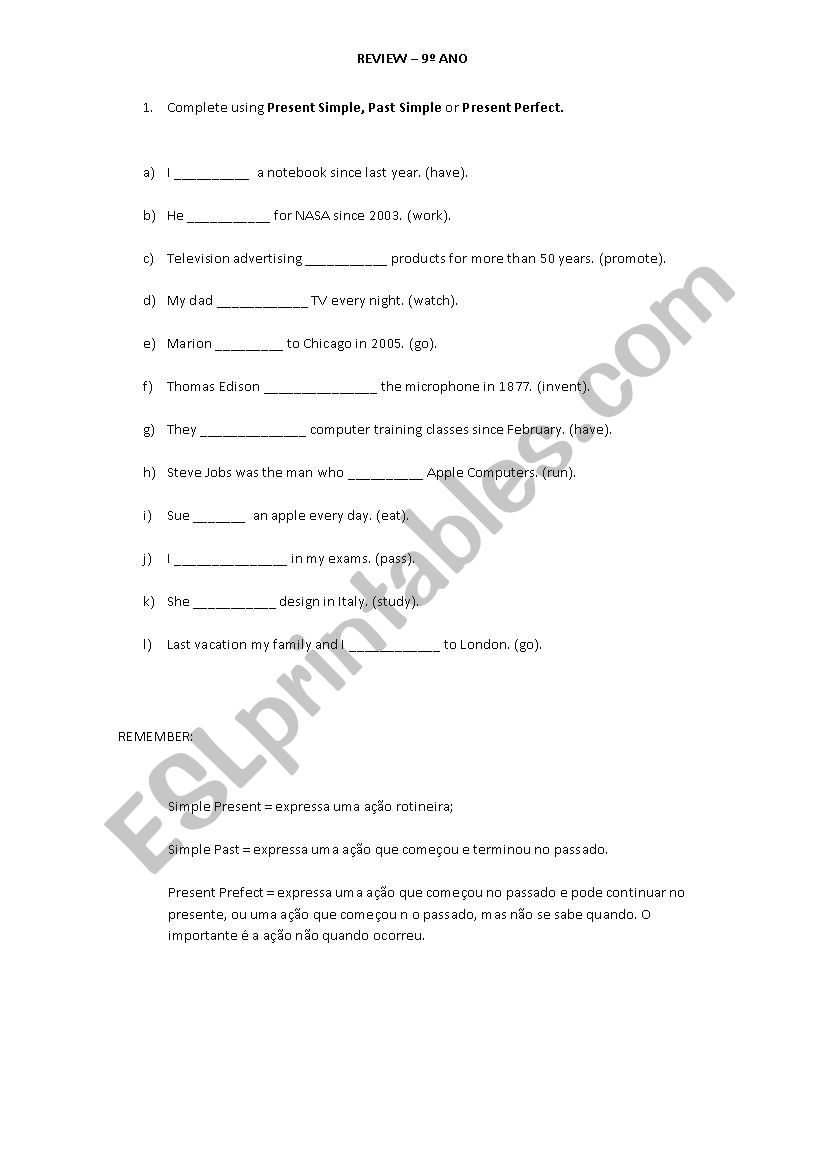 simple past X present perfect worksheet