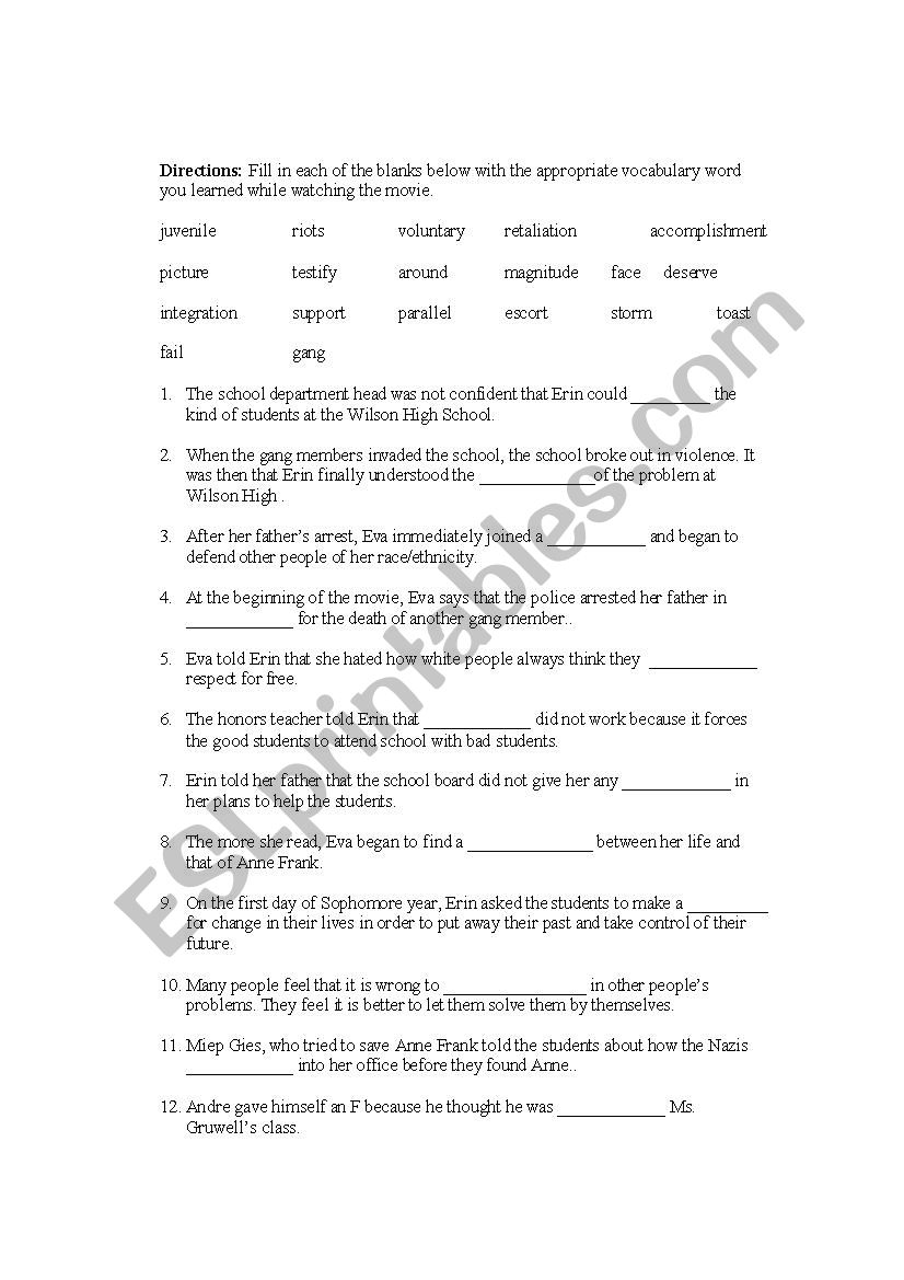 Freedom Writers (Movie Lesson Worksheet)