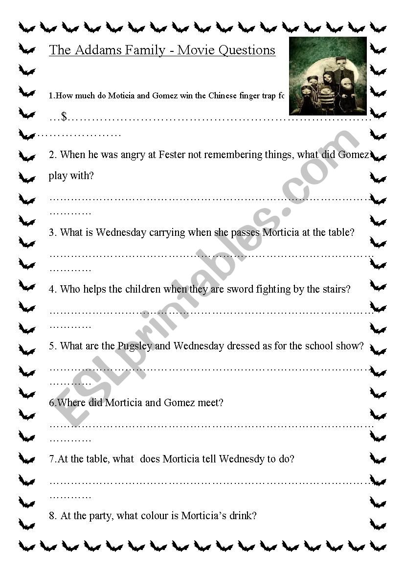 The Addams Family Movie Quiz Questions Esl Worksheet By Fickle