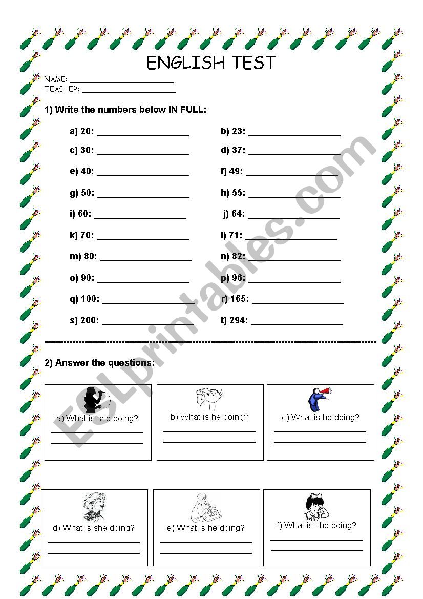 4th GRADE ENGLISH TEST worksheet