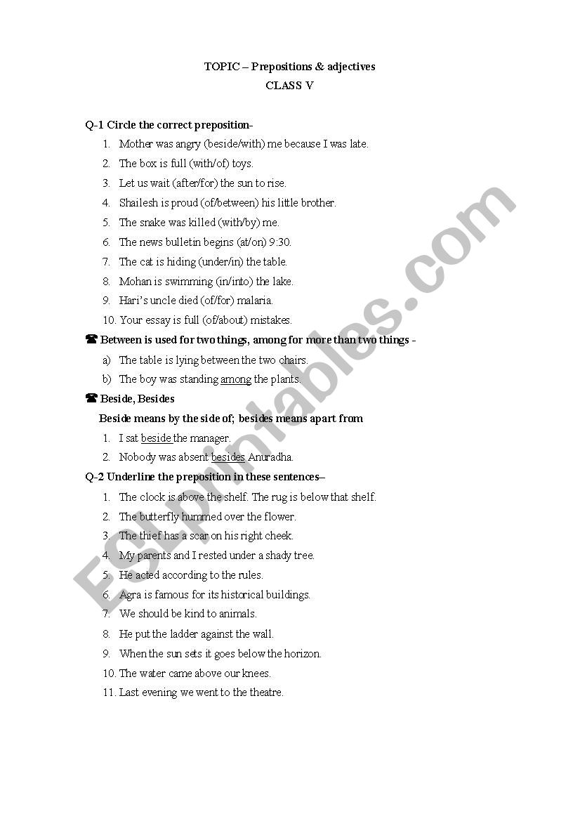 Prepositions & adjectives worksheet
