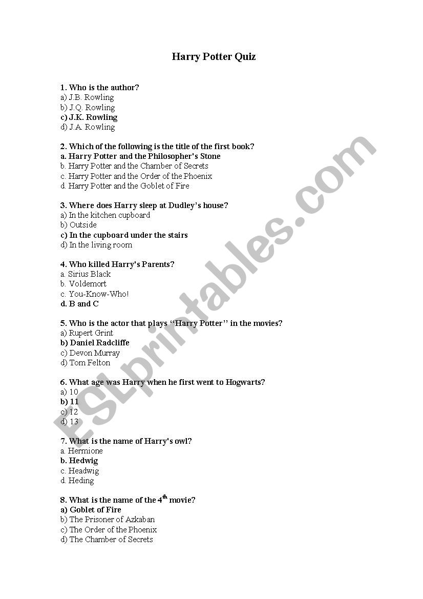 Harry Potter Quiz ESL worksheet by elatiff6