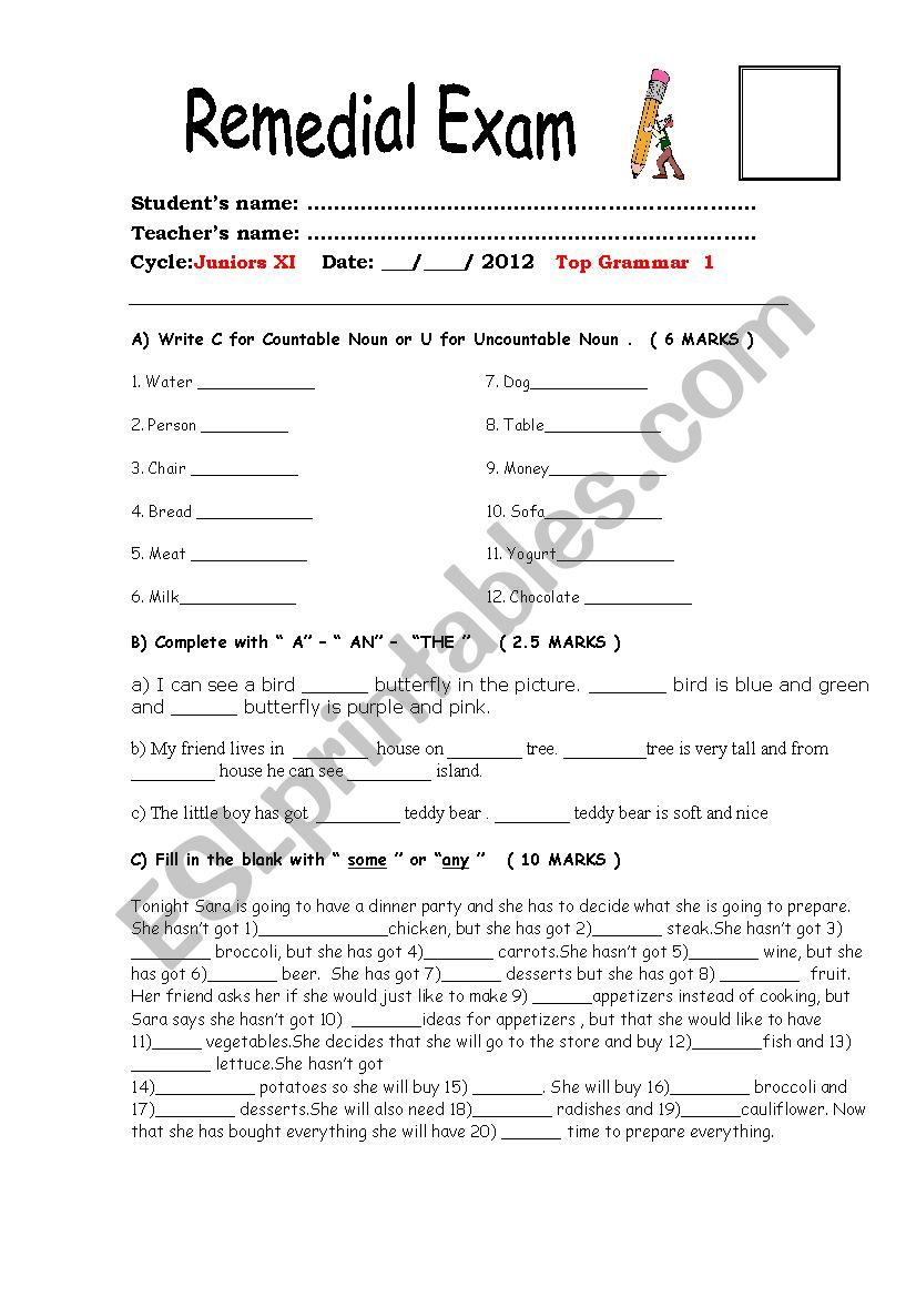 Remedial exam worksheet