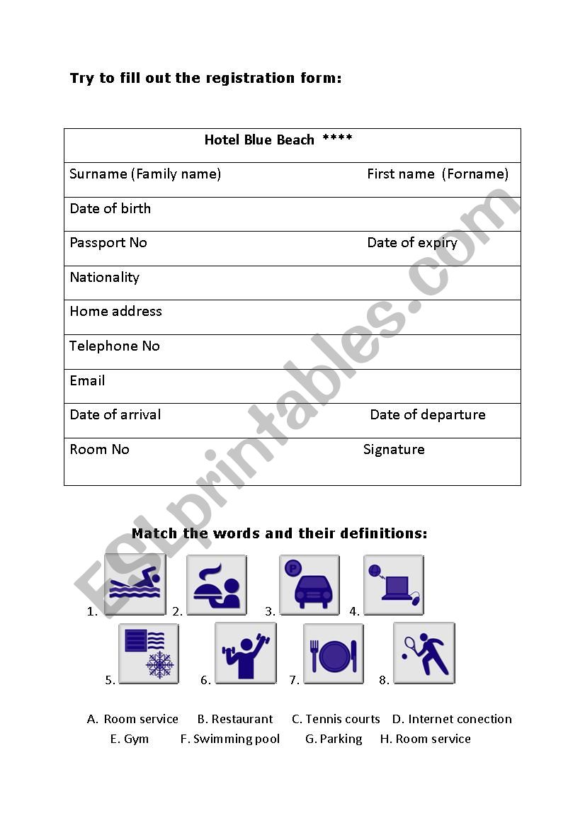 Hotel - check in worksheet