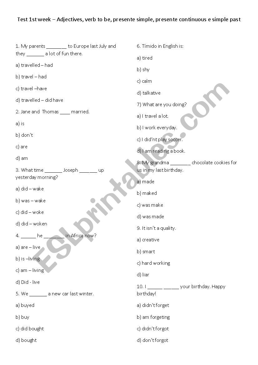 Test Mixed tenses worksheet