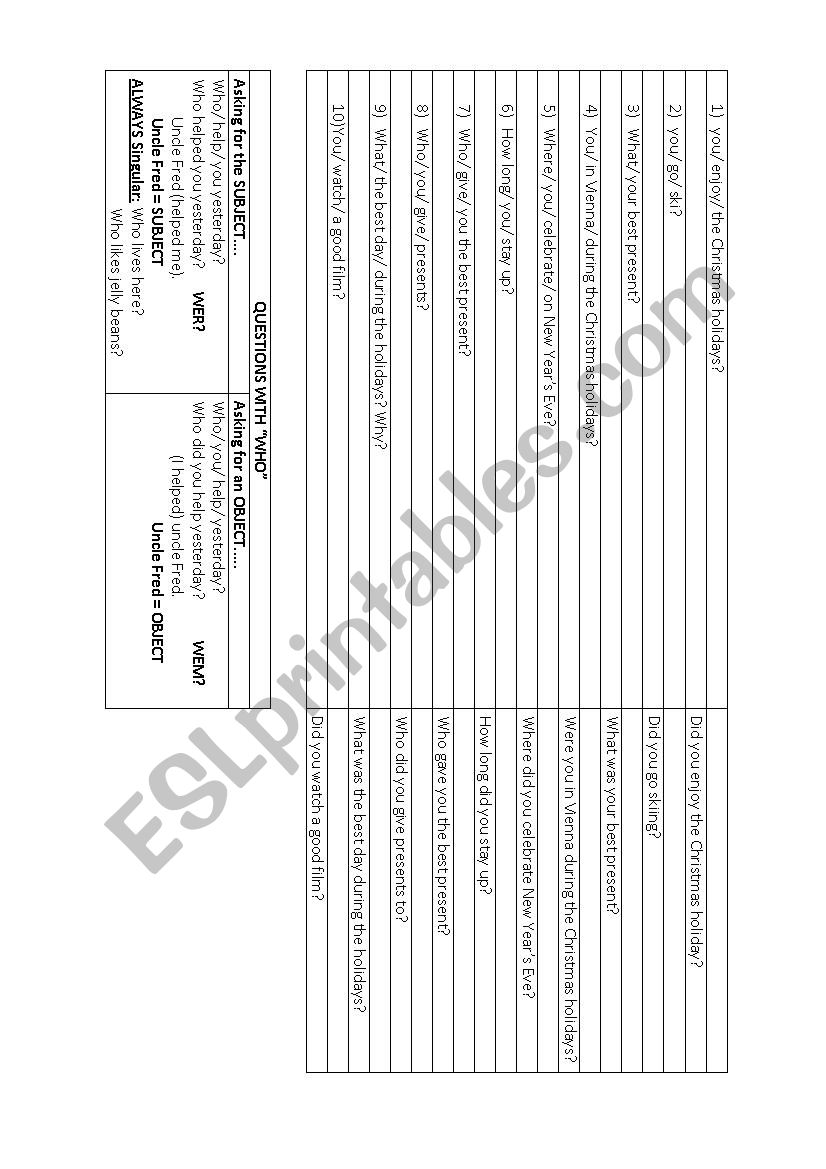 worksheet form questions about the christmas holidays