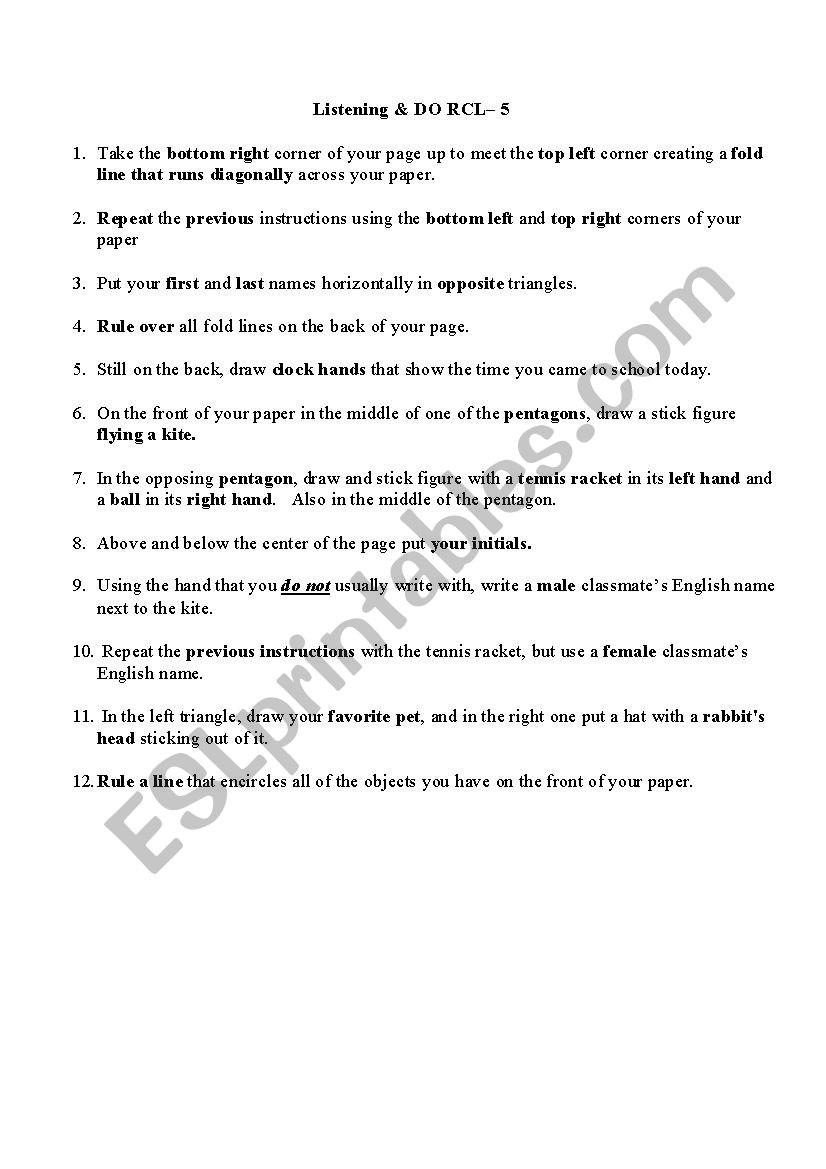 Listen & Do Activity RCL-5 worksheet
